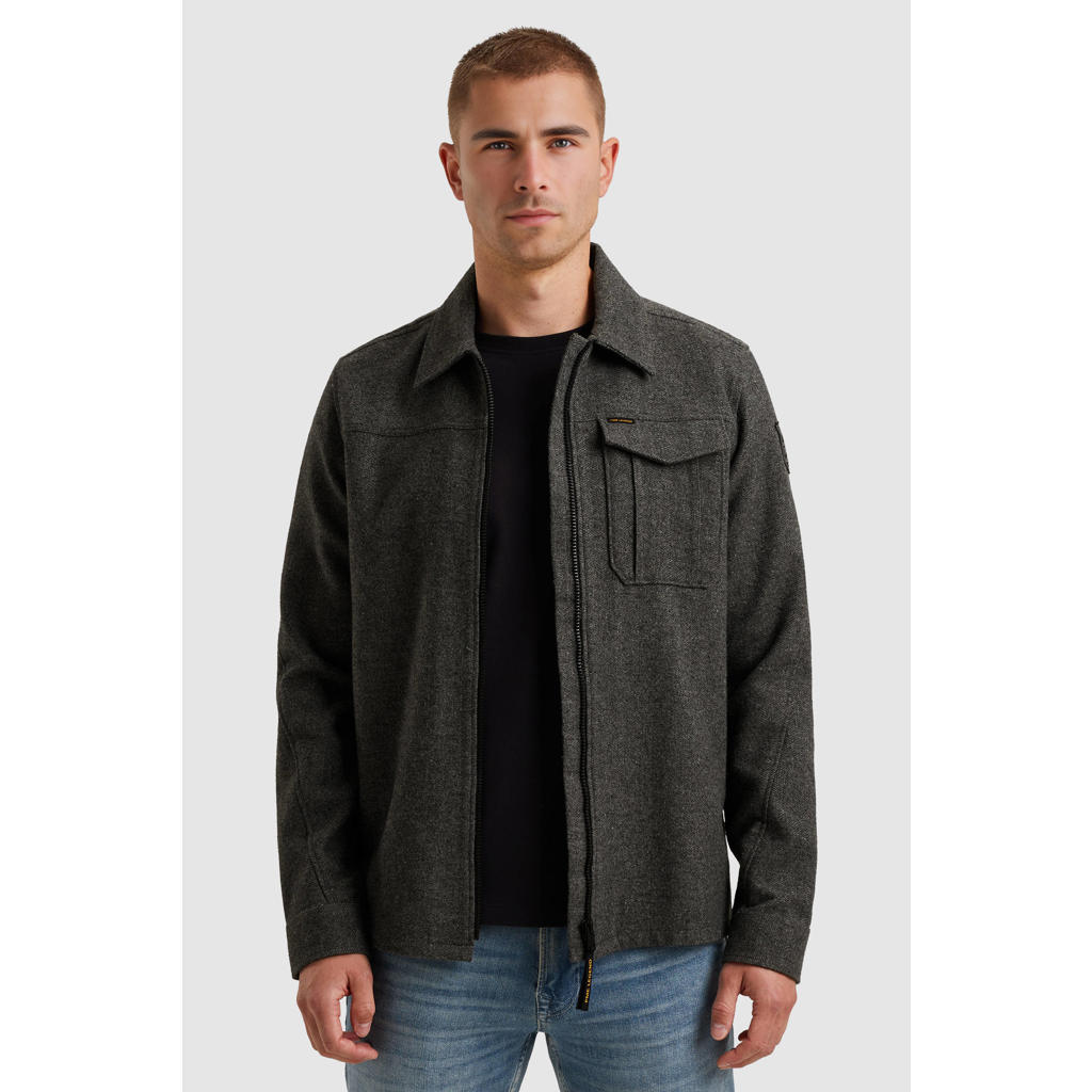 Grijze heren PME Legend overshirt van wol met melée print, lange mouwen, klassieke kraag en ritssluiting
