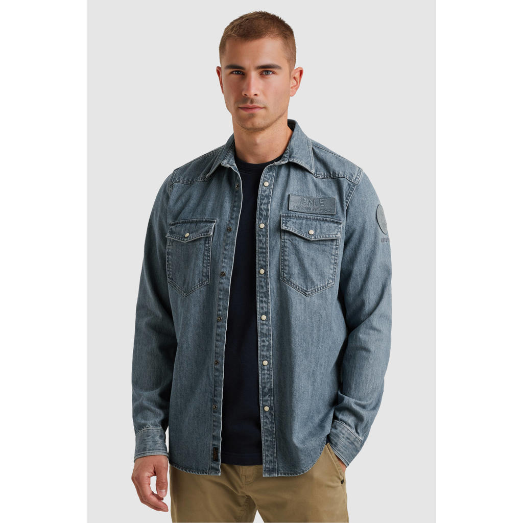 Blauwe heren PME Legend Regular casual overhemd van denim met effen, lange mouwen, klassieke kraag, drukknoopsluiting en patches