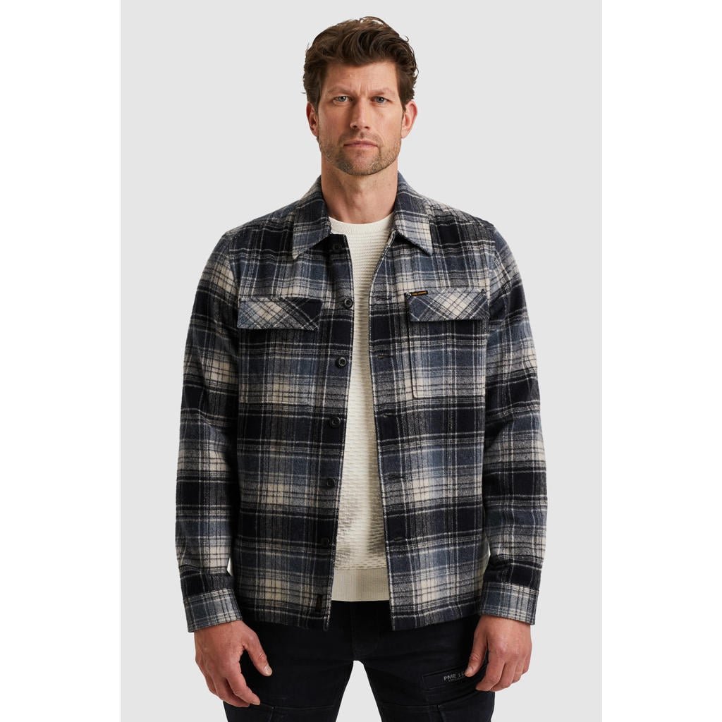 Blauwe heren PME Legend geruit overshirt van wol met lange mouwen, klassieke kraag en knoopsluiting