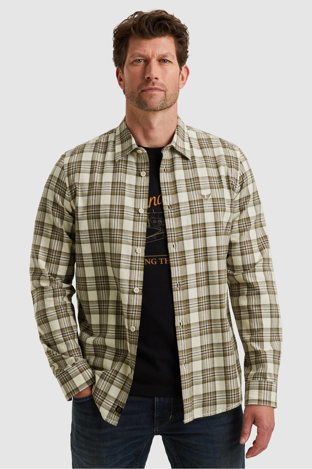 Beige heren PME Legend regular geruit casual overhemd van katoen met lange mouwen, klassieke kraag en knoopsluiting