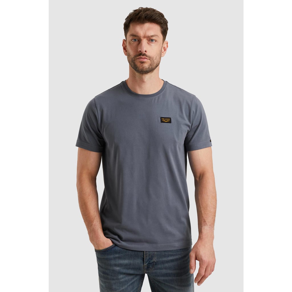 Grijsblauwe heren PME Legend T-shirt blauw van katoen met effen, korte mouwen en ronde hals