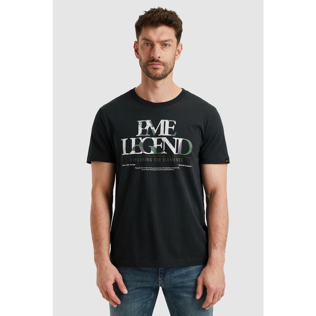 Donkerblauwe heren PME Legend regular T-shirt van katoen met printopdruk, korte mouwen en ronde hals