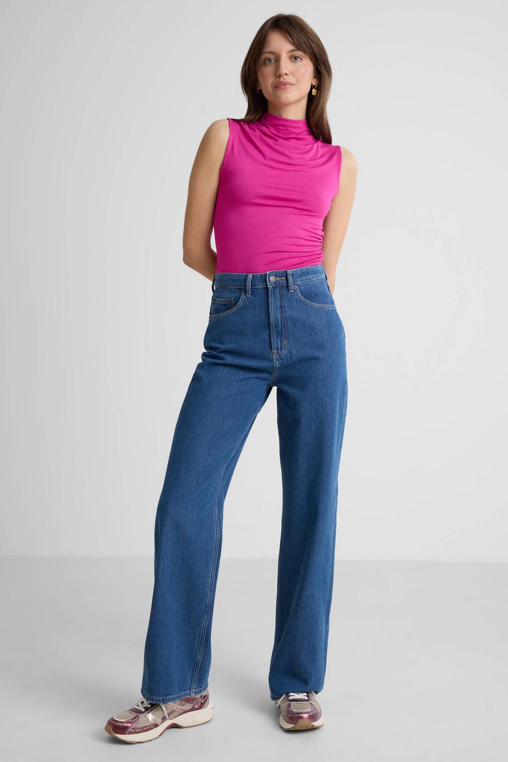 Medium blue denim dames Anytime high waist loose wide leg jeans van denim met rits- en knoopsluiting en effen