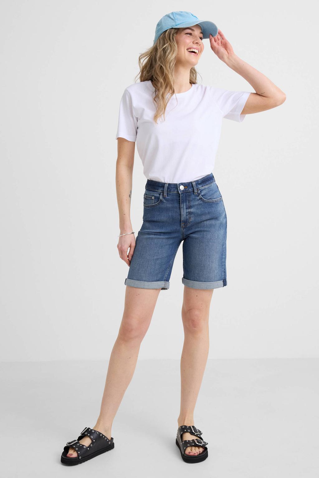 Medium blue denim dames Anytime short van denim met regular fit, regular waist en rits- en knoopsluiting