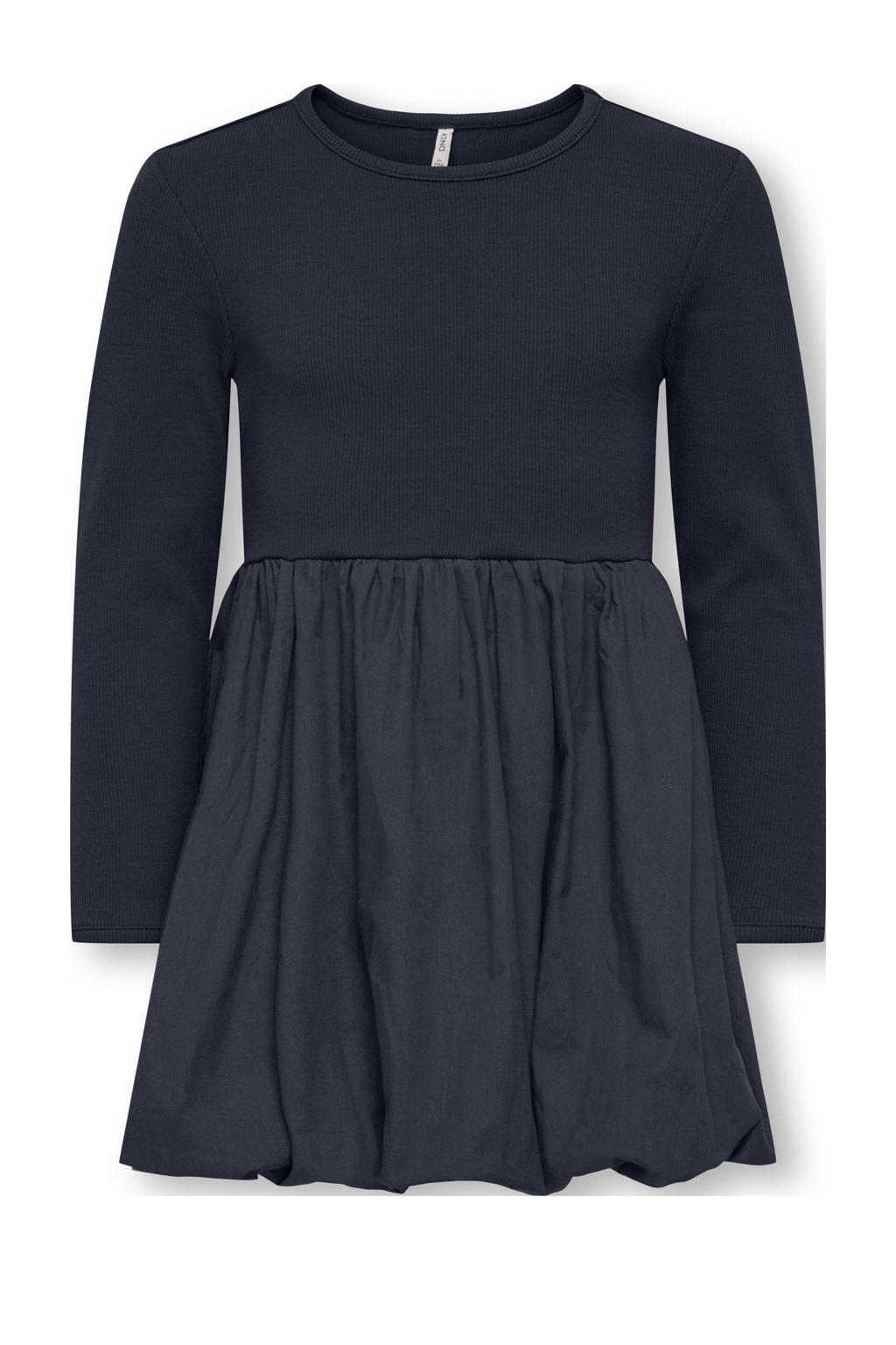 Donkerblauwe meisjes KIDS ONLY MINI korte jurk gebreid van stretchkatoen met effen, lange mouwen en ronde hals