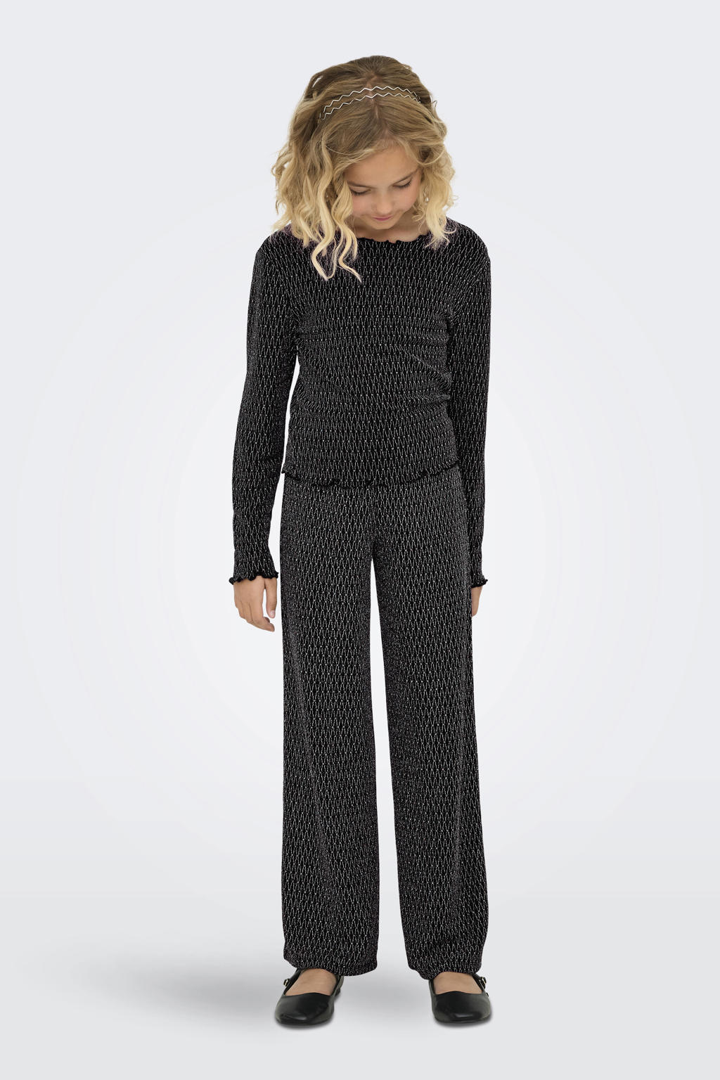 Zwart en zilverkleurige meisjes KIDS ONLY GIRL glitter top van polyamide met ruitenprint, lange mouwen en ronde hals