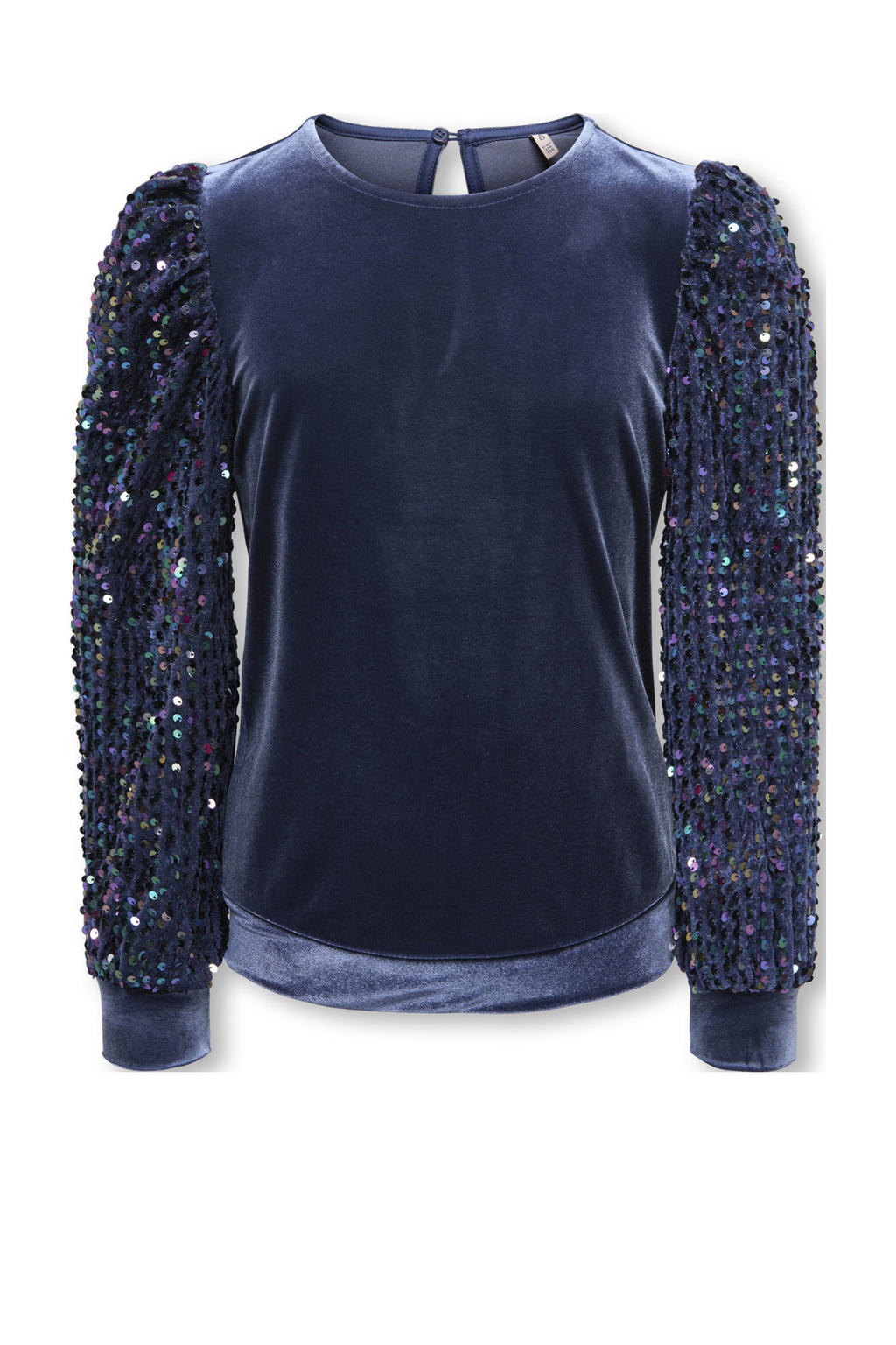 Blauwe meisjes KIDS ONLY GIRL fluwelen blousetop met lange mouwen, ronde hals, knoopsluiting en pailletten