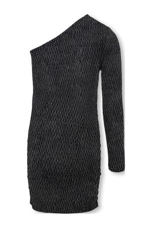 one shoulder jurk met glitters zwart/zilver