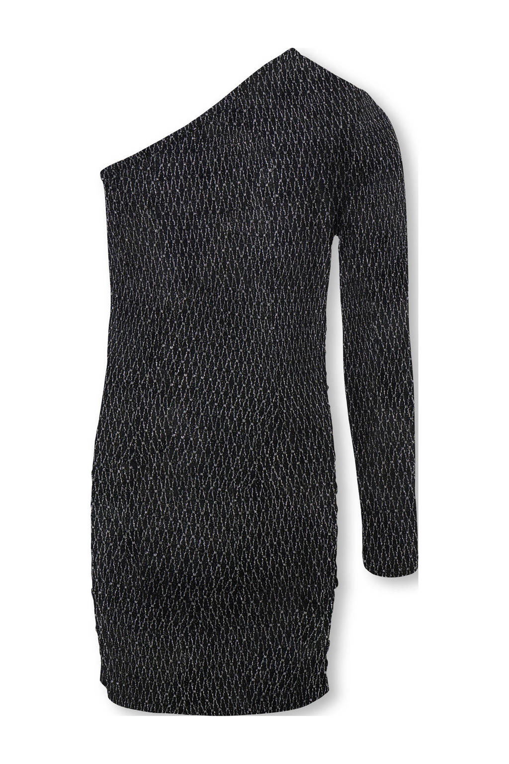 Zwart en zilverkleurige meisjes KIDS ONLY GIRL one shoulder jurk van polyamide met ruitenprint, lange mouwen en glitters