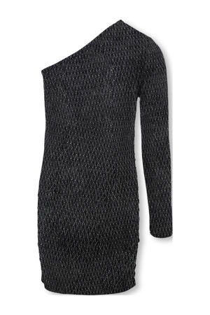one shoulder jurk met glitters zwart/zilver