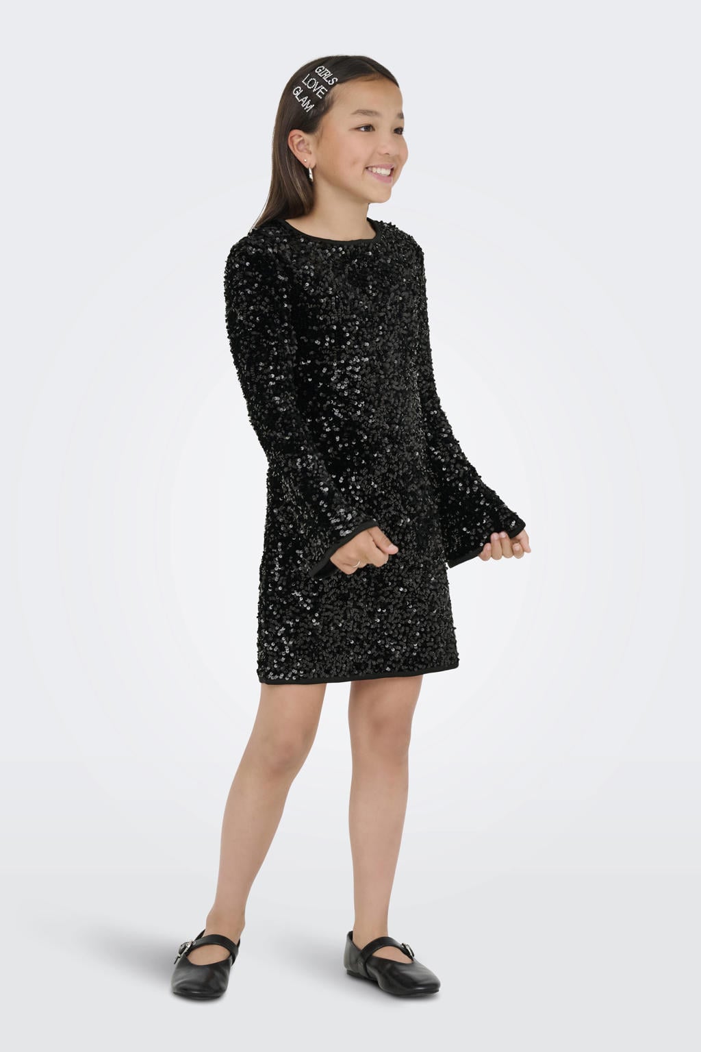 Zwarte meisjes KIDS ONLY GIRL midi jurk van polyester met effen, lange mouwen, ronde hals, knoopsluiting en pailletten