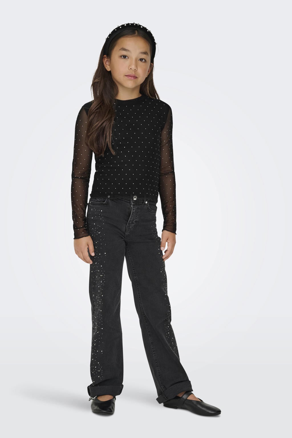 Zwart en zilverkleurige meisjes KIDS ONLY GIRL blousetop van polyester met effen, lange mouwen, ronde hals en semi-transparante details