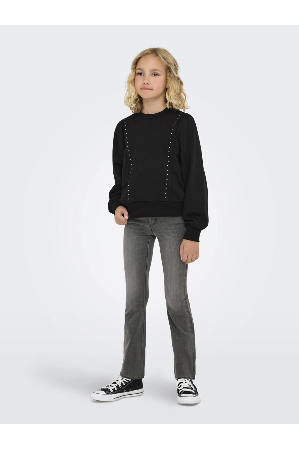 Zwarte meisjes KIDS ONLY GIRL sweater met effen, lange mouwen, ronde hals en geribde boorden