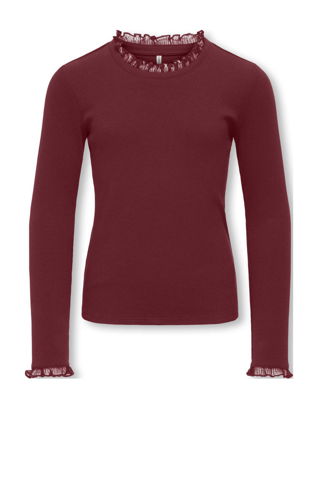 Donkerrode meisjes KIDS ONLY GIRL longsleeve van stretchkatoen met effen, lange mouwen, opstaande kraag en kant