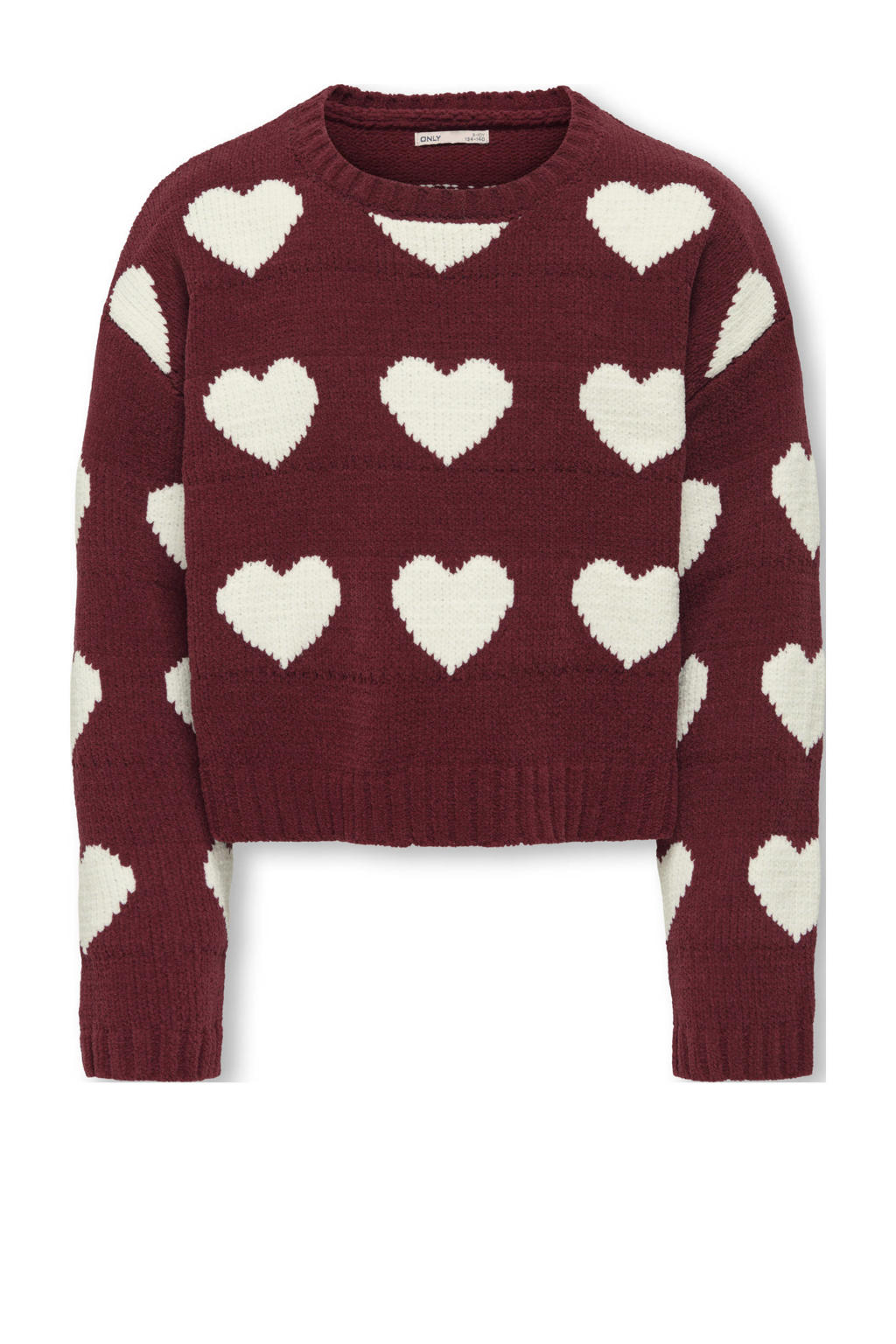 Donkerrood en witte meisjes KIDS ONLY GIRL trui gebreid van polyester met hartjesprint, lange mouwen en ronde hals