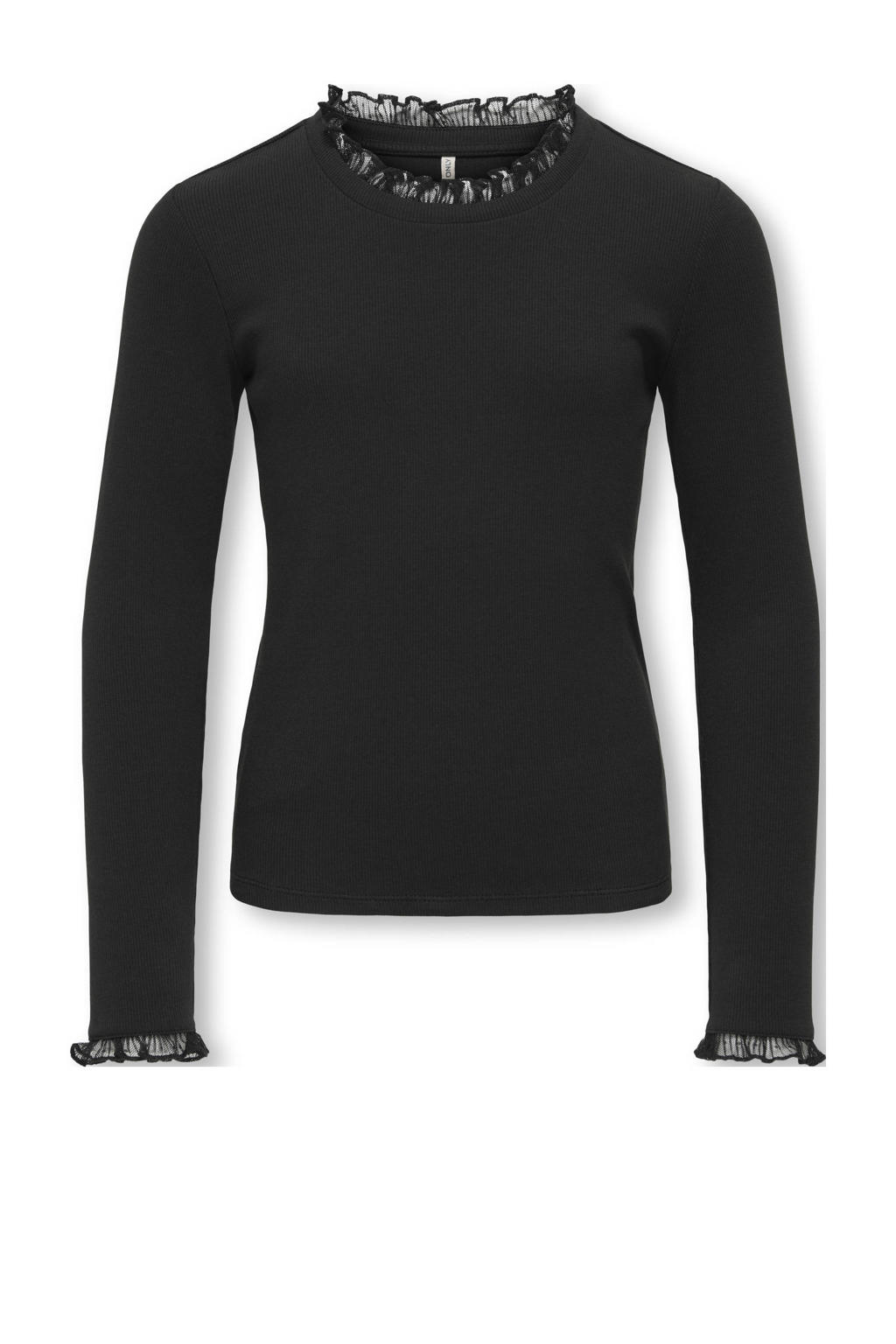Zwarte meisjes KIDS ONLY GIRL longsleeve van stretchkatoen met effen, lange mouwen, opstaande kraag en kant