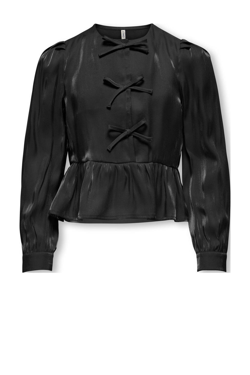 Zwarte meisjes KIDS ONLY GIRL peplum top van viscose met effen, lange mouwen, ronde hals en strikje