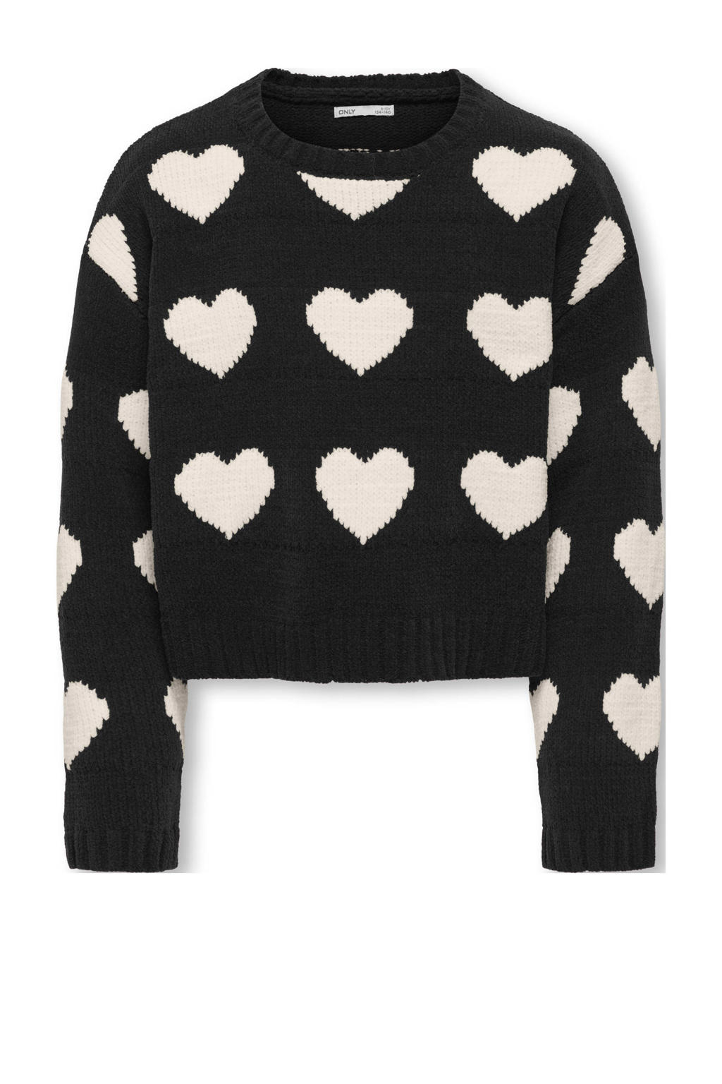 Zwart en ecru meisjes KIDS ONLY GIRL trui gebreid van polyester met hartjesprint, lange mouwen en ronde hals