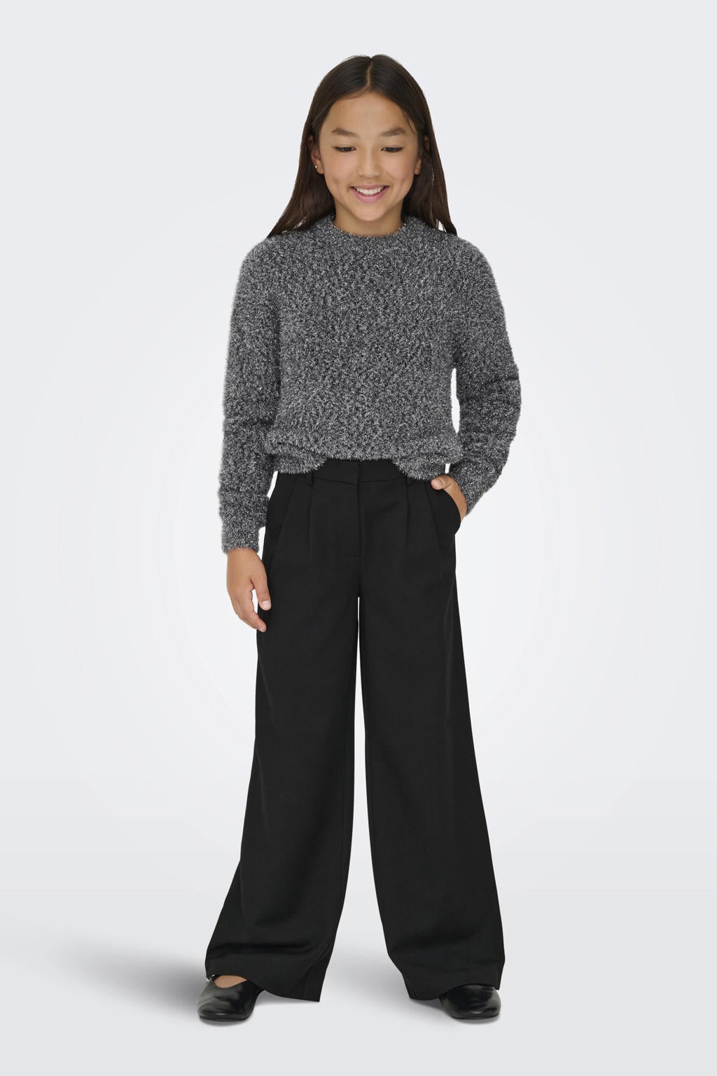 Zwart en zilverkleurige meisjes KIDS ONLY GIRL trui fijn gebreid van nylon met effen, lange mouwen en ronde hals
