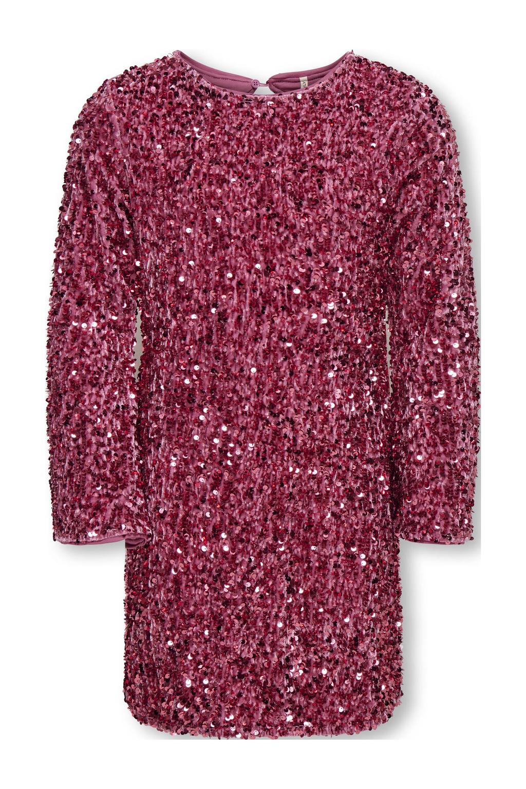 Roze meisjes KIDS ONLY GIRL midi jurk van polyester met effen, lange mouwen, ronde hals, knoopsluiting en pailletten