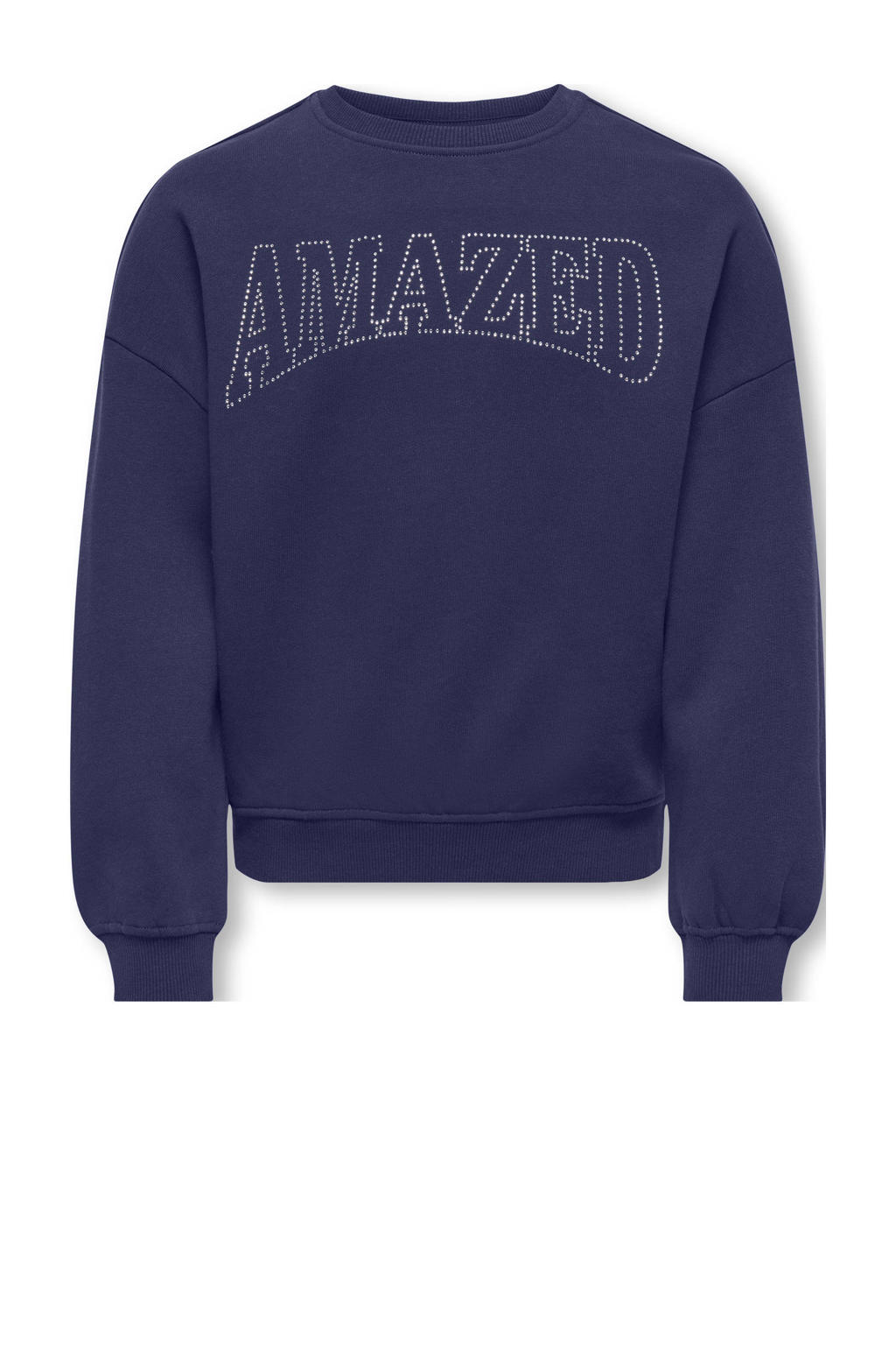 Donkerblauwe meisjes KIDS ONLY GIRL sweater met tekst print, lange mouwen, ronde hals en geribde boorden