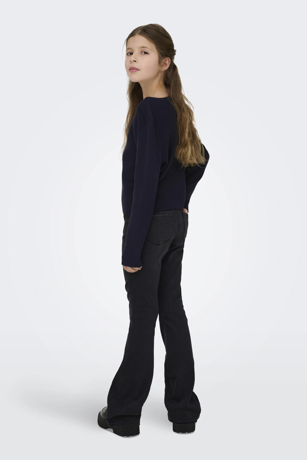 Black denim meisjes KIDS ONLY GIRL flared jeans black van viscose met regular waist, rits- en knoopsluiting en effen