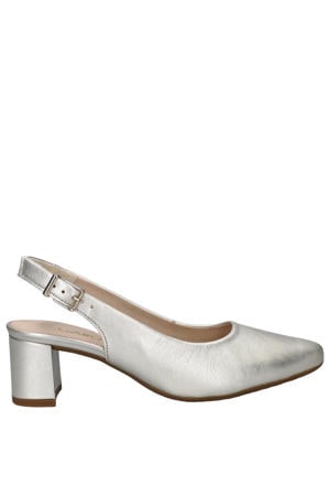 leren slingback pumps blokhak zilver