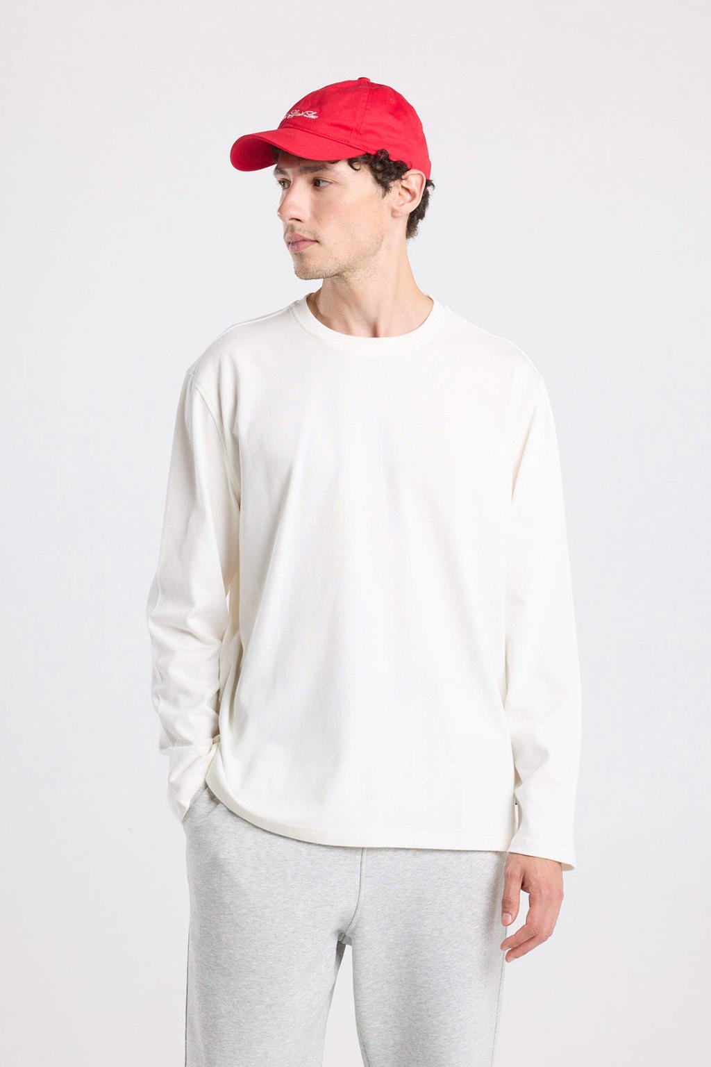 Ecru heren America Today longsleeve van katoen met effen, lange mouwen en ronde hals