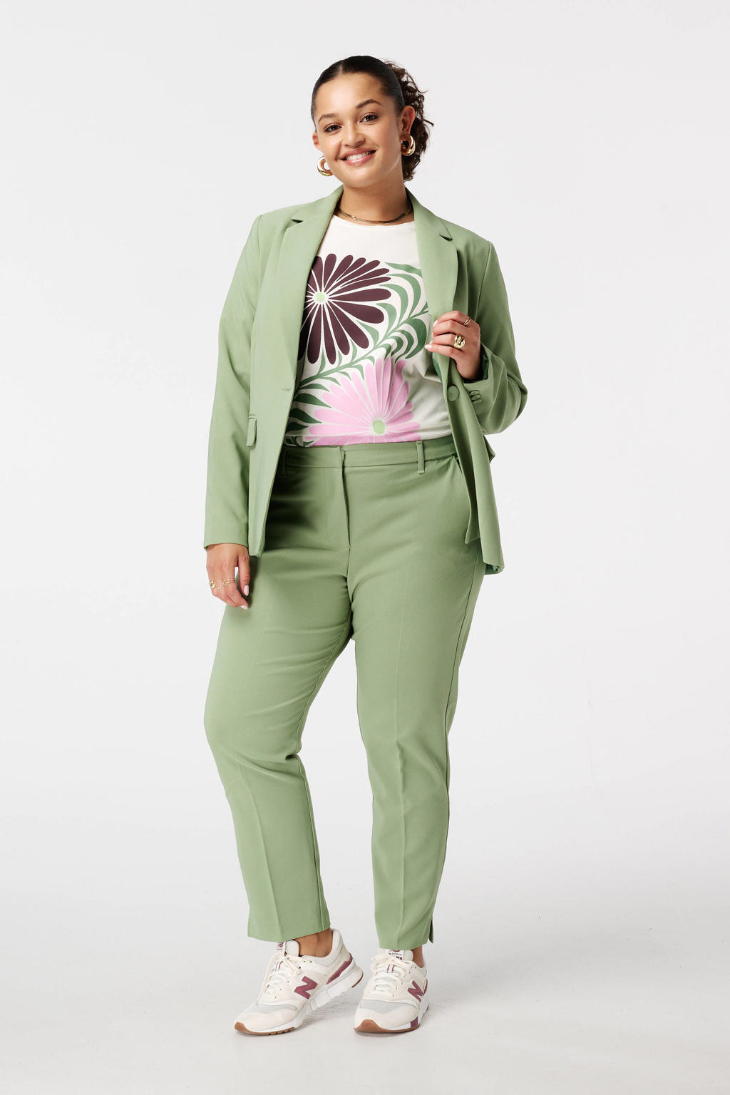Lichtgroene dames MS Mode slim regular waist pantalon van polyester met effen