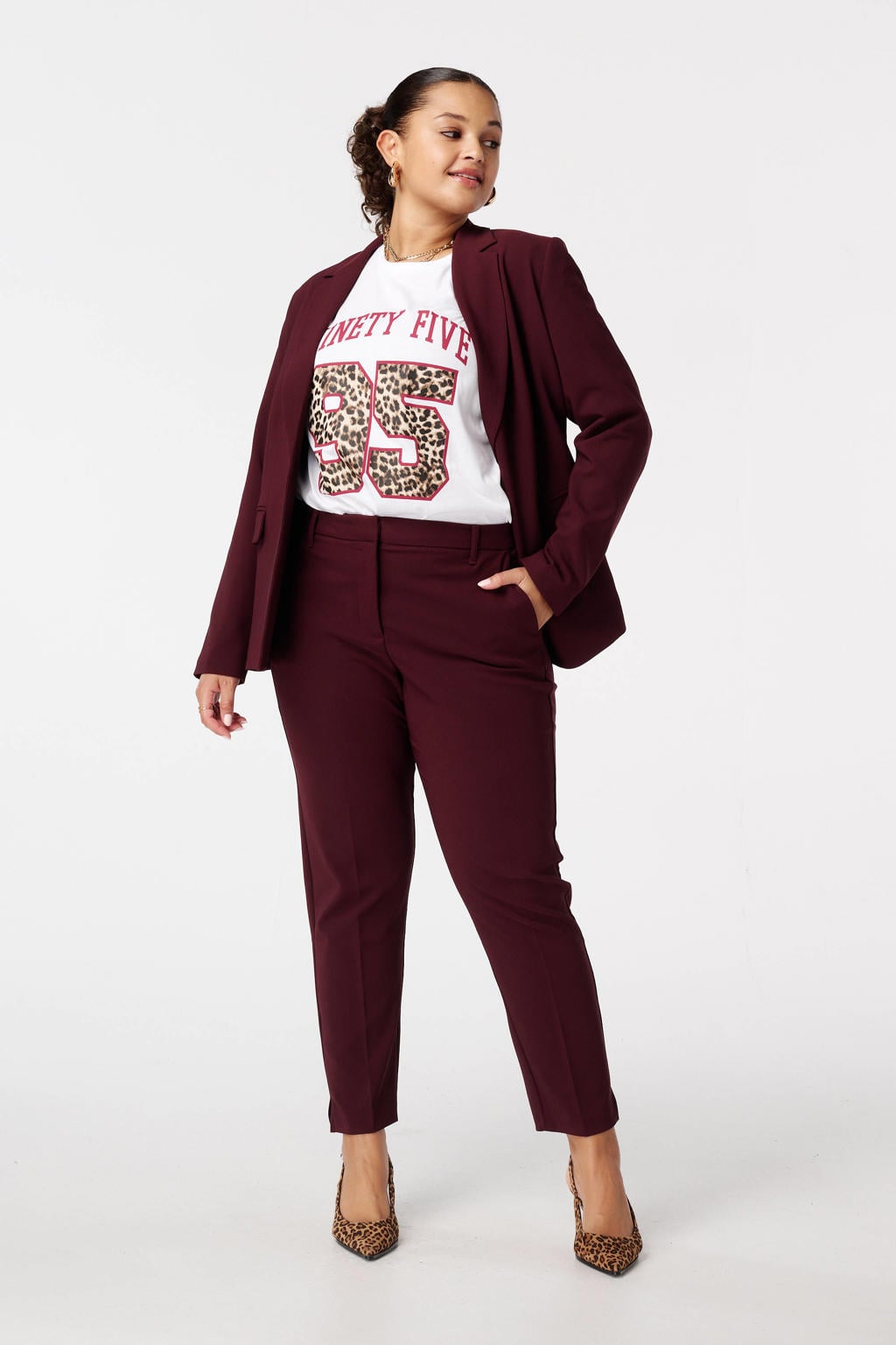 Donkerrode dames MS Mode slim regular waist pantalon van polyester met effen