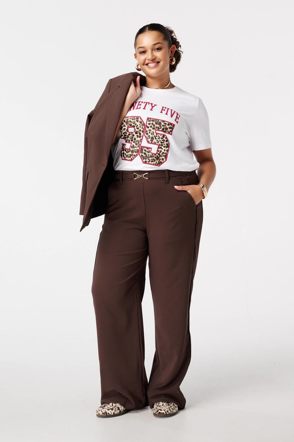 Donkerblauwe dames MS Mode wide leg high waist pantalon met effen