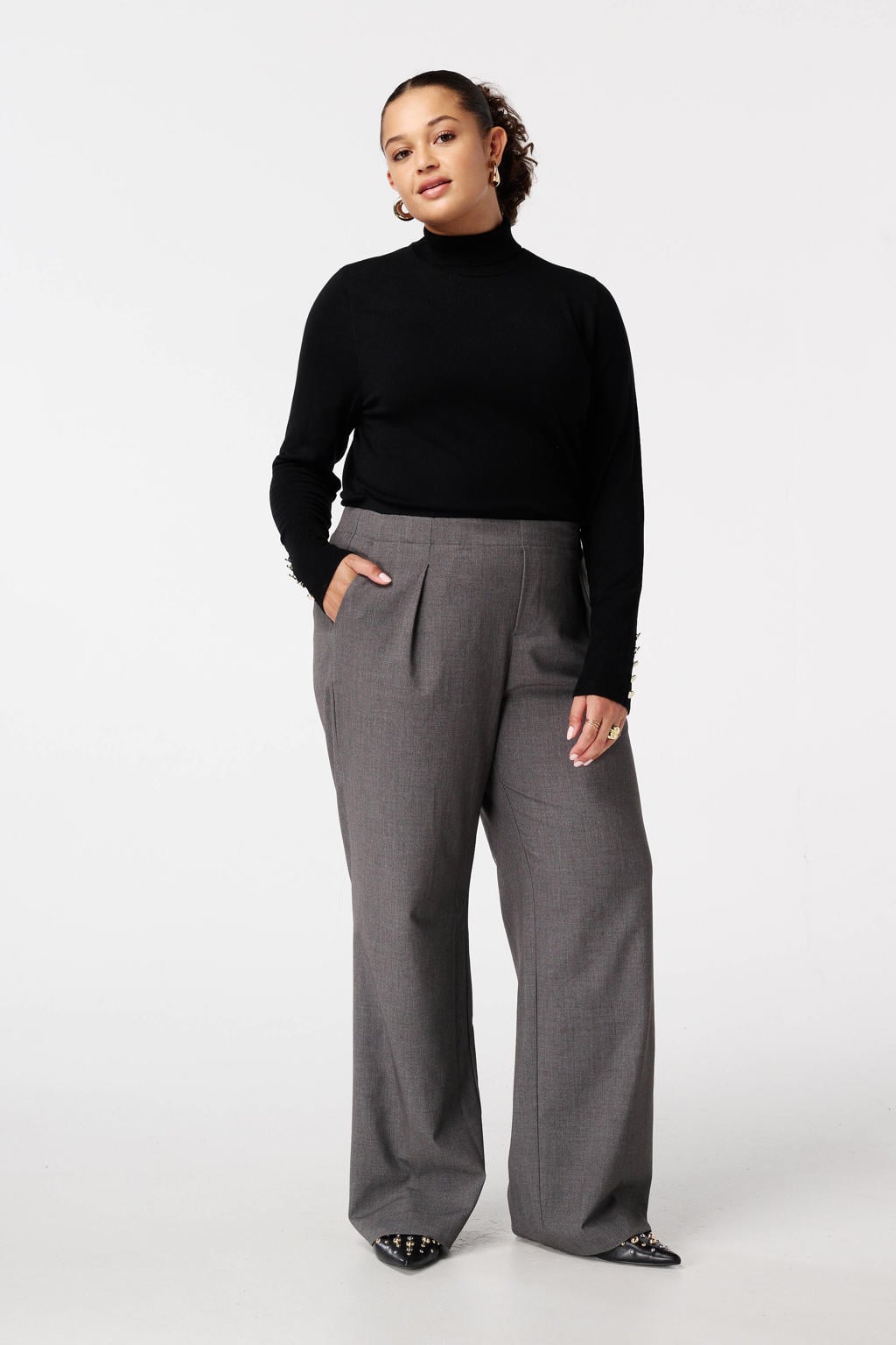 Grijs melange dames MS Mode wide leg high waist pantalon melange met rits- en knoopsluiting