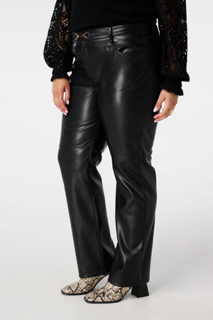 imitatieleren straight regular waist broek zwart