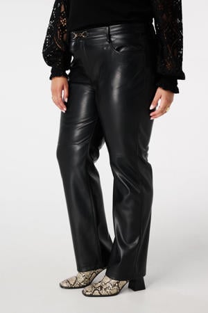 imitatieleren straight regular waist broek zwart