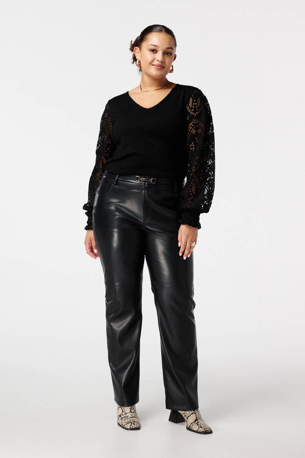 MS Mode imitatieleren straight regular waist broek zwart wehkamp