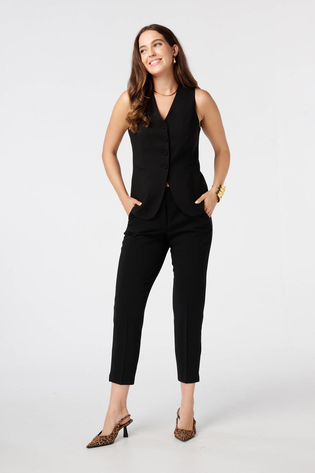 Zwarte dames MS Mode slim regular waist pantalon van polyester met effen