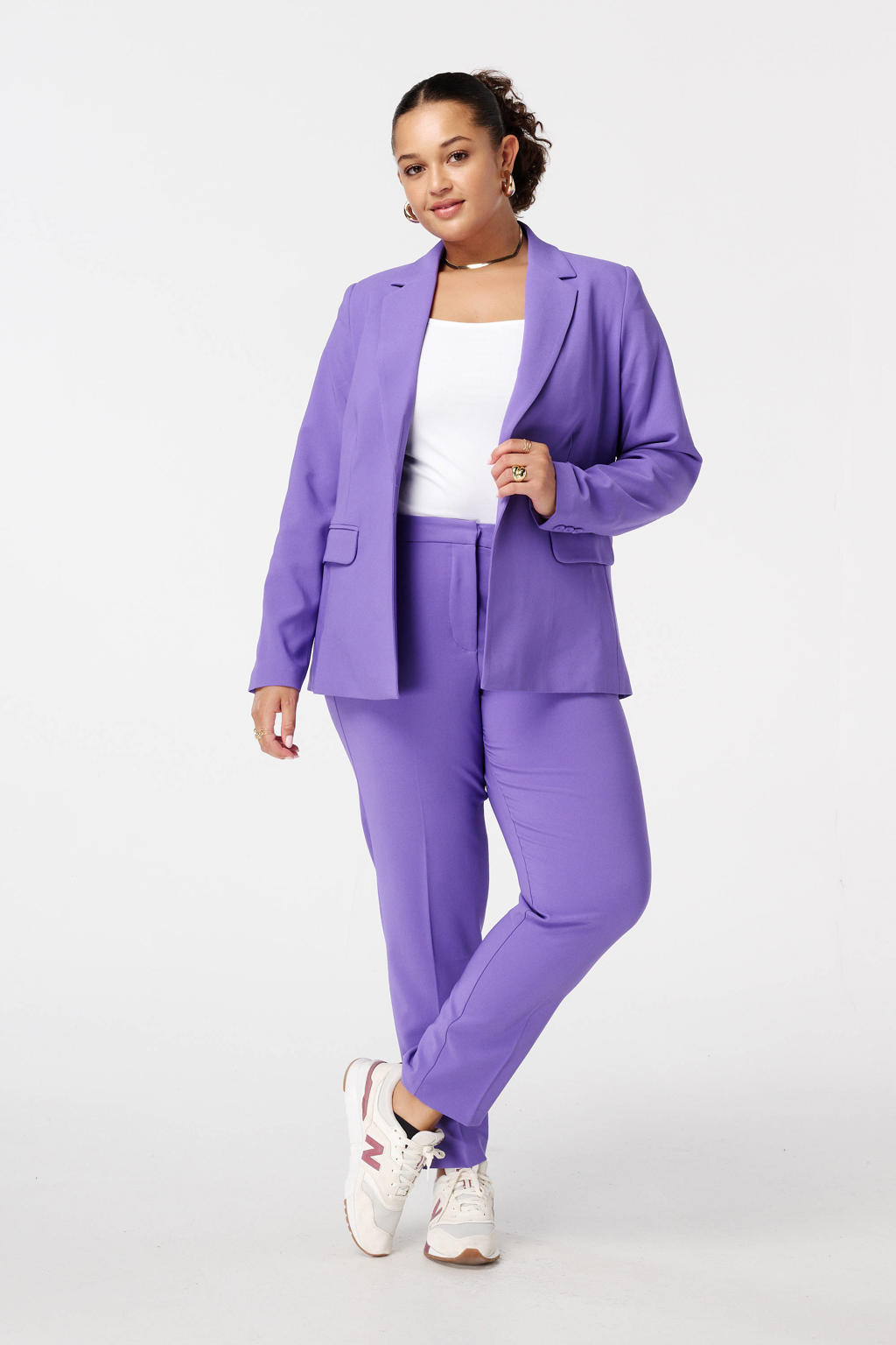 Paarse dames MS Mode slim regular waist pantalon van polyester met effen