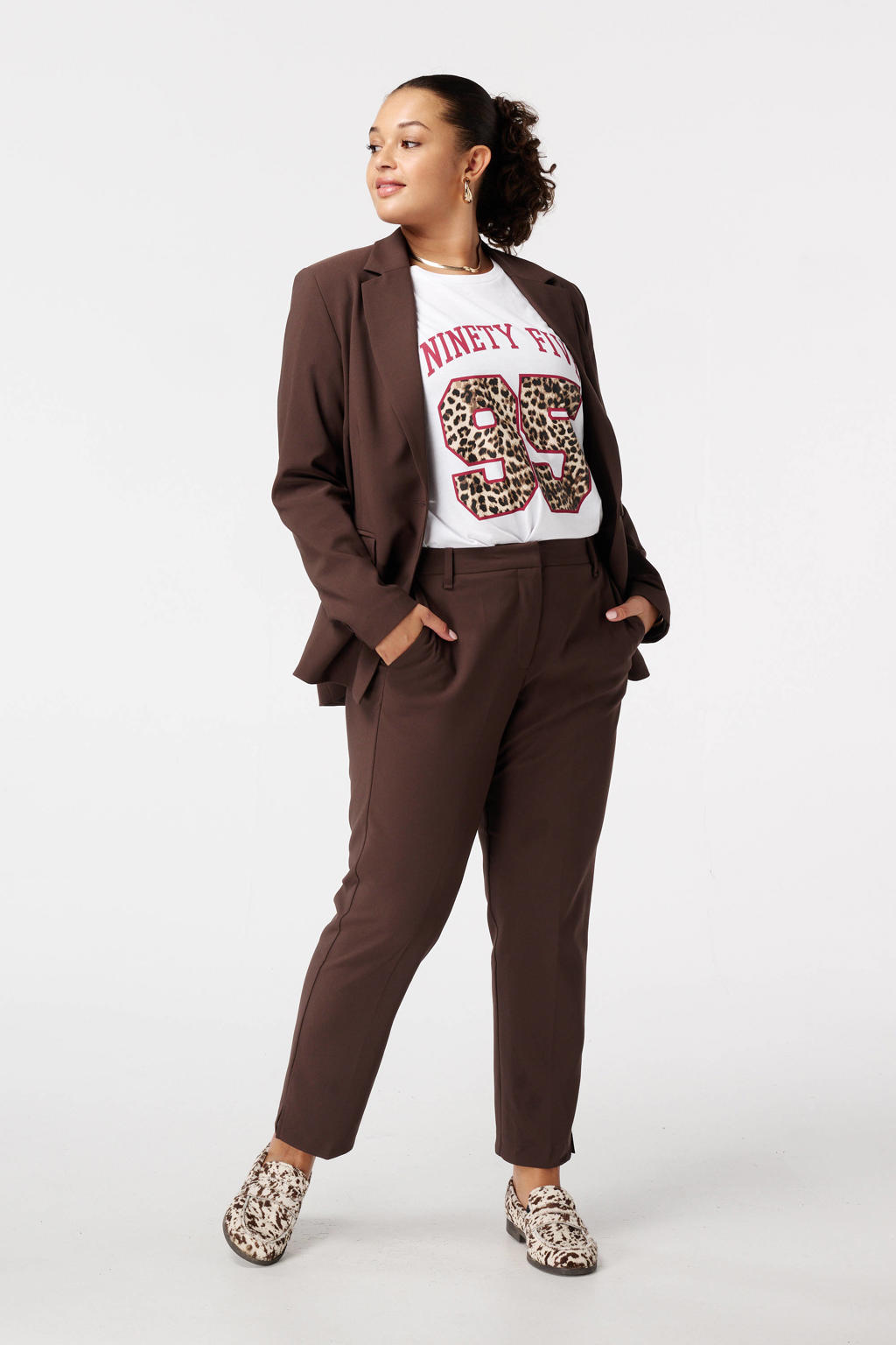 Donkerblauwe dames MS Mode slim regular waist pantalon van polyester met effen
