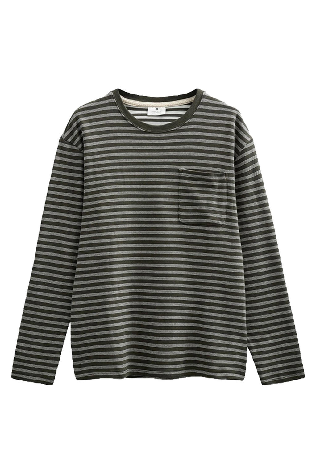 Donkergroene heren Anerkjendt gestreepte longsleeve van katoen met lange mouwen en ronde hals