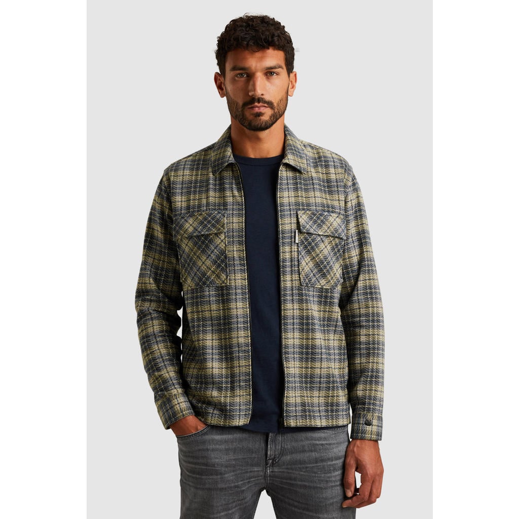 Blauwe heren Cast Iron geruit overshirt van katoen met lange mouwen en klassieke kraag