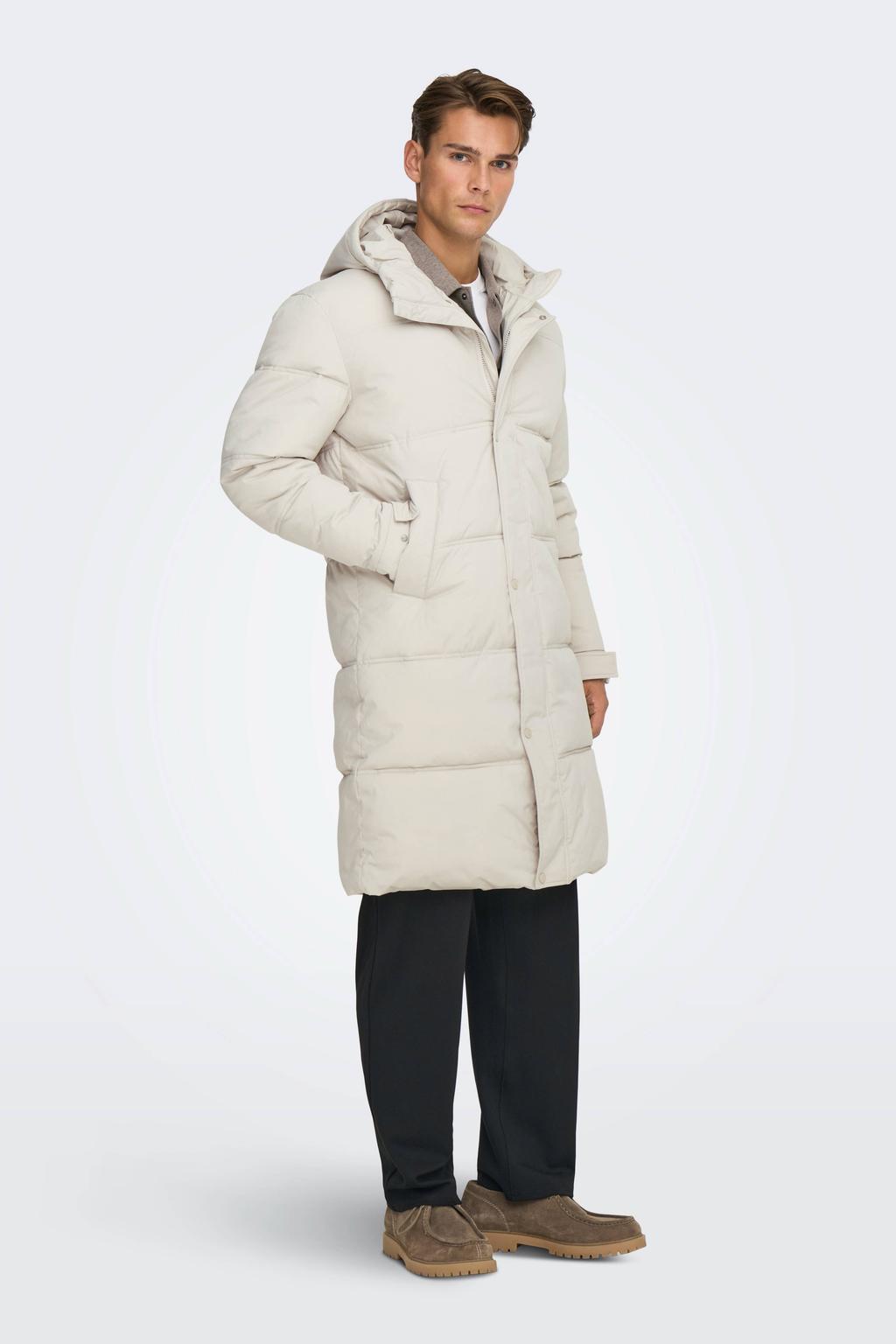 Ecru heren ONLY & SONS parka van polyester met effen, lange mouwen, capuchon, rits met windvanger en doorgestikte details