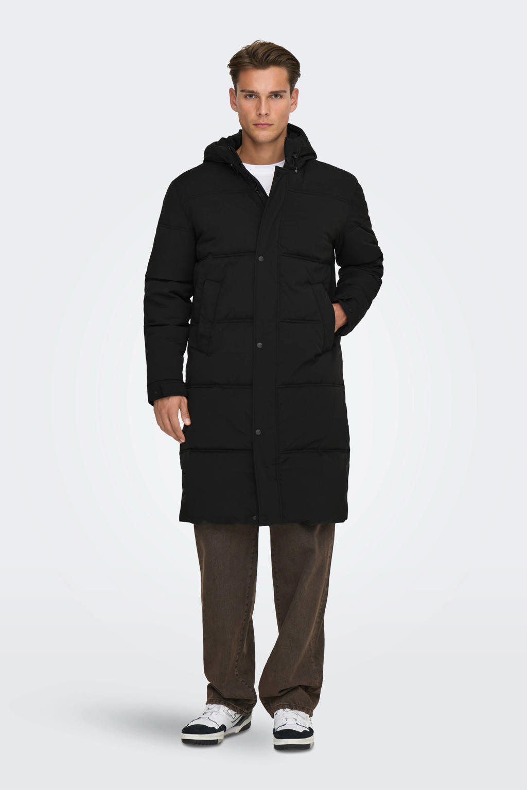 Zwarte heren ONLY & SONS parka van polyester met effen, lange mouwen, capuchon, rits met windvanger en doorgestikte details