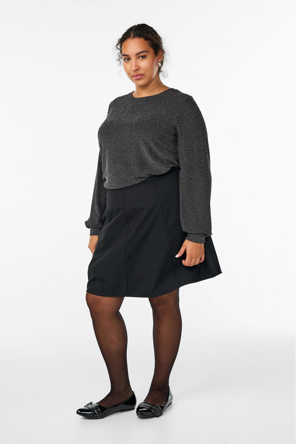 Zwart en zilverkleurige dames Zizzi blousetop van polyamide met melée print, lange mouwen en ronde hals