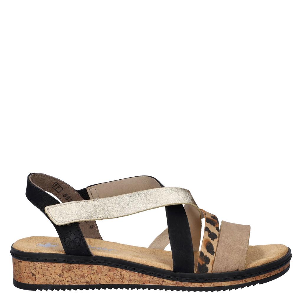 Zwart en gouden dames Rieker sandalen panter met klittenband