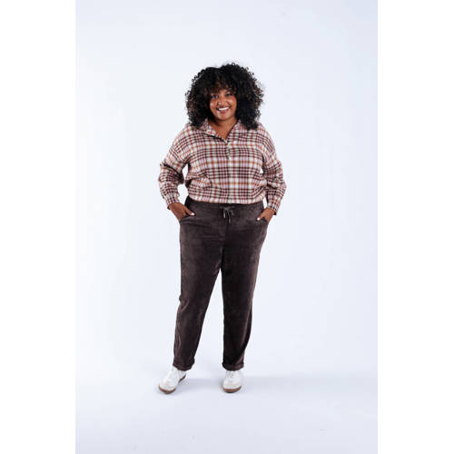 Paprika suede straight high waist broek donkerbruin afbeelding