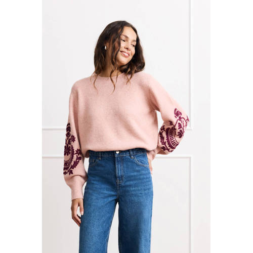 LOLALIZA gebloemde pullover met wol lichtroze broderie afbeelding