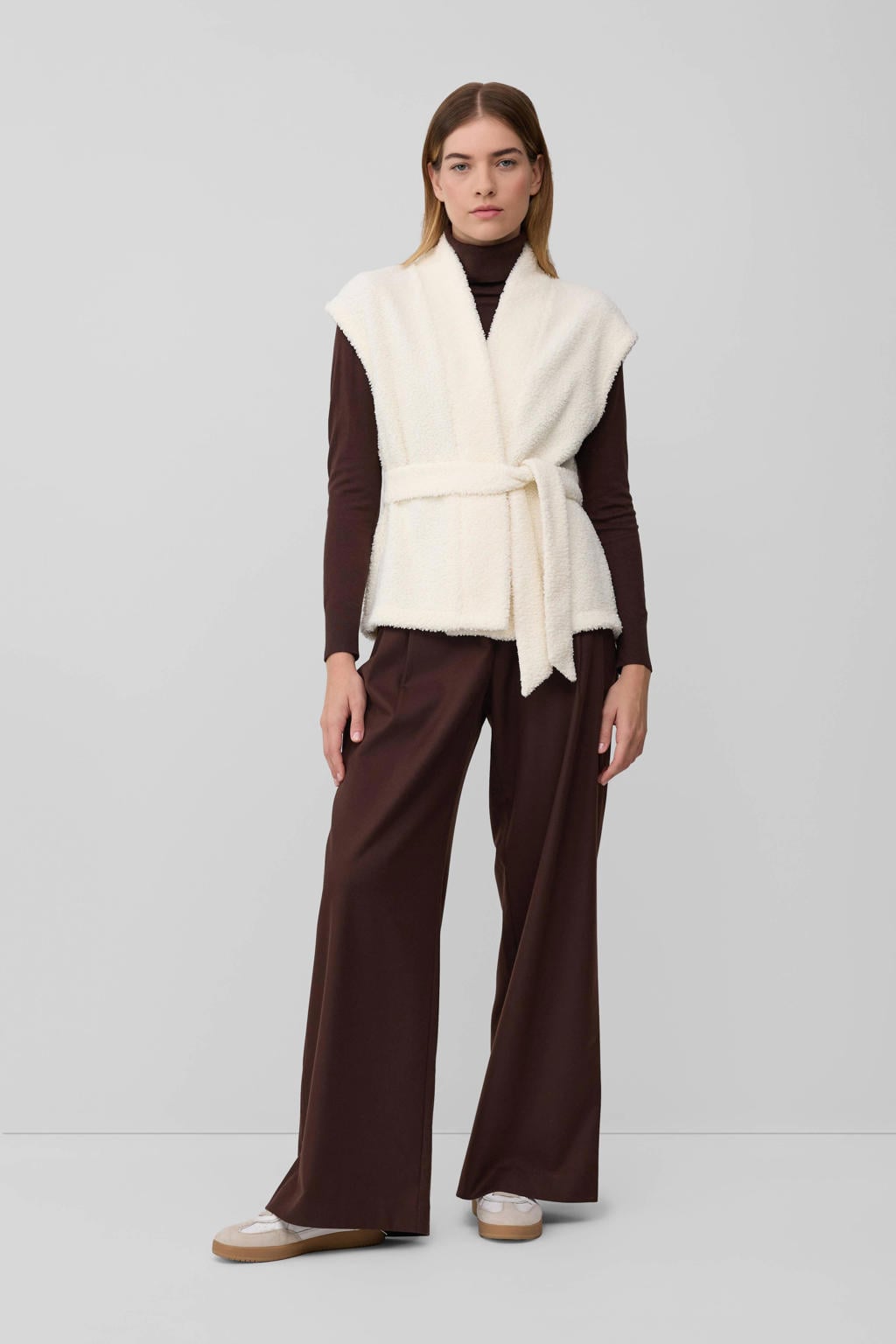 Ecru dames s.Oliver teddy gebreid vest met effen, korte mouwen, openvallende hals en ceintuur