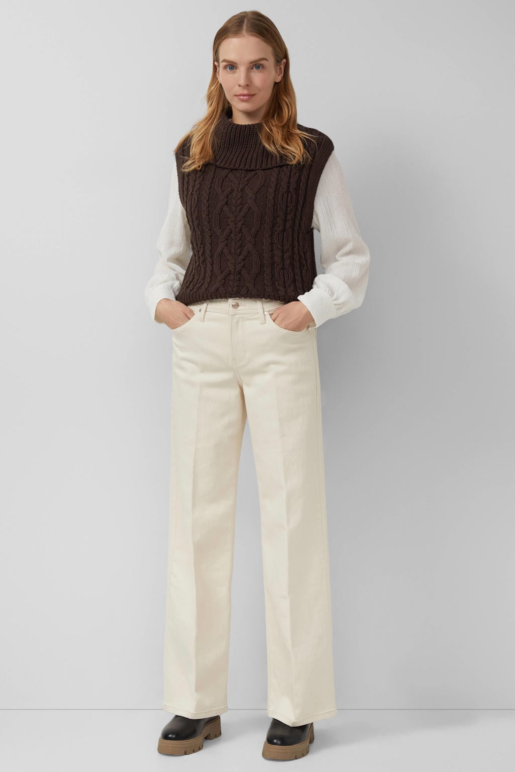 Beige dames s.Oliver wide leg jeans van denim met rits- en knoopsluiting en effen