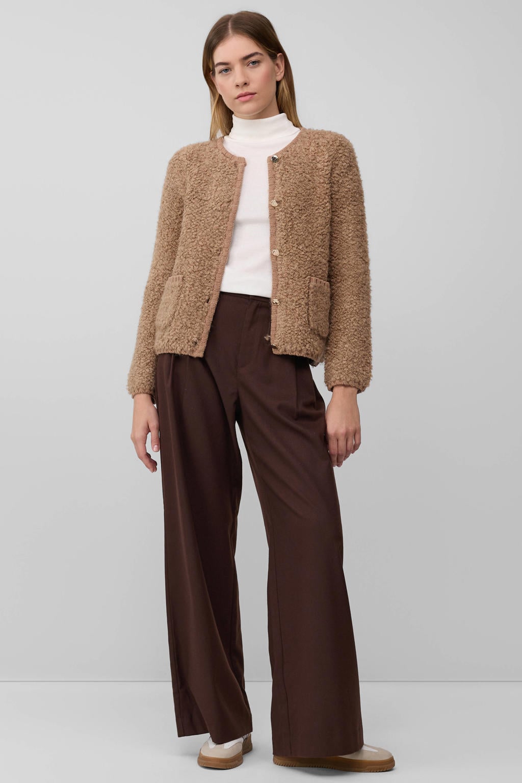 dames s.Oliver gebreid vest van wol met effen, lange mouwen, ronde hals en knoopsluiting