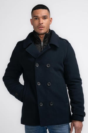 winterjas met wol donkerblauw
